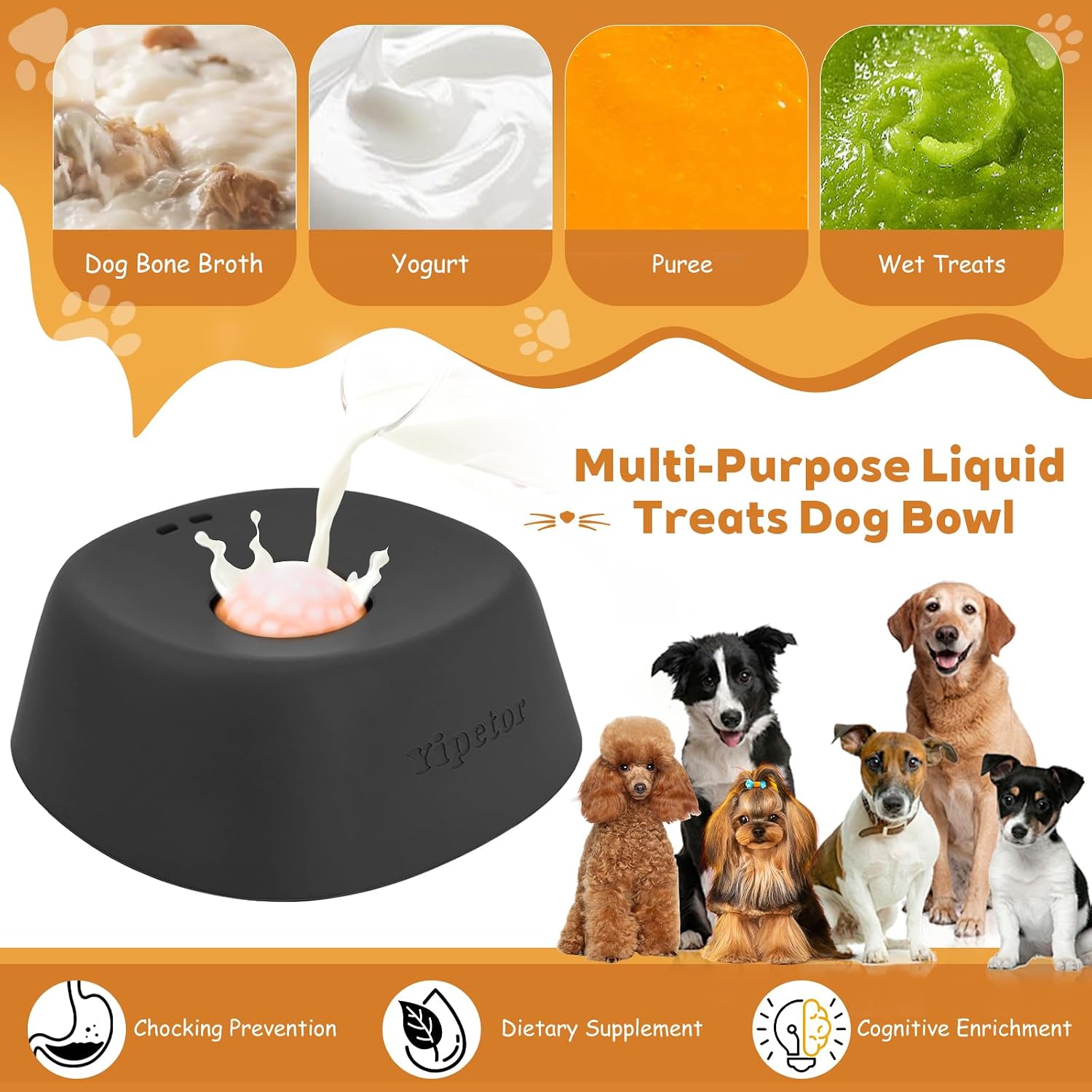 Slow Feeder Dog Bowls for Liquid Treat, 【Enrichment Ball-Roll】 Bone Broth Dog Lick Bowl, 3/4 Cup Yogurt Pup Lick Toy for Large Medium Small Breeds Dietary Supplement/Post-Op Nutrition